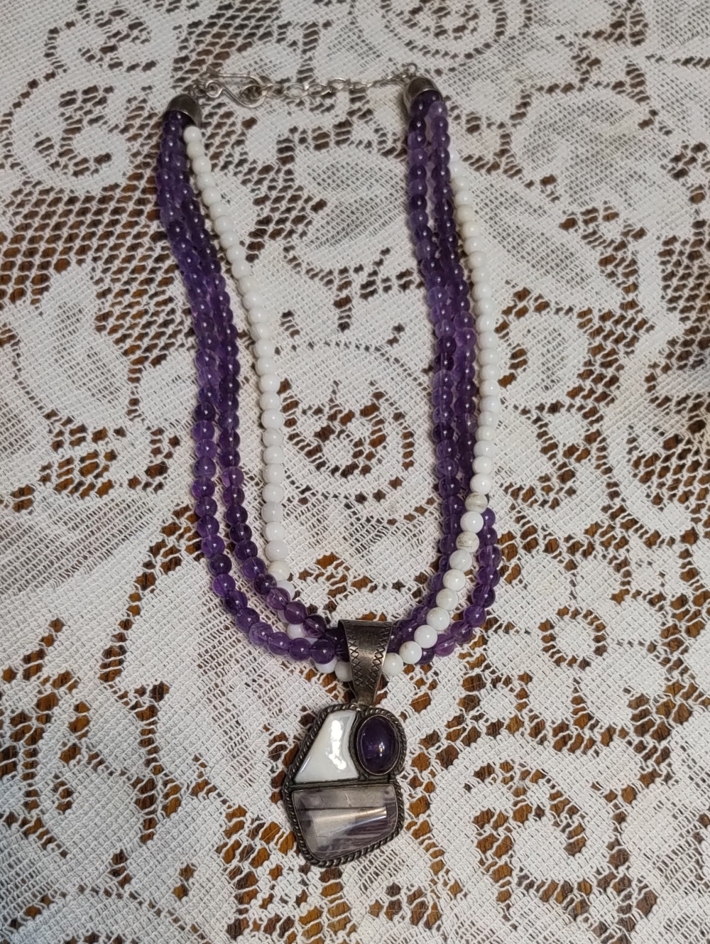 Triple Strand Amethyst And Mother Of Pearl Beaded Necklace with Pendant